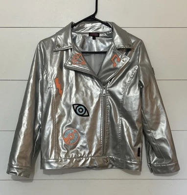 Jojos Closet Girls Silver Faux Leather Jacket Patches Moto Size 14/16 XL - Image 1 of 4