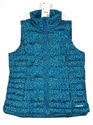 Lands End Womens Medium 600 Down Puffer Vest Jacket Teal Print Quilted NEW - Image 1 of 4
