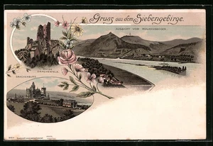 Lithographie Drachenfels, Aussicht vom Rolandsbogen und Drachenburg  - Picture 1 of 2