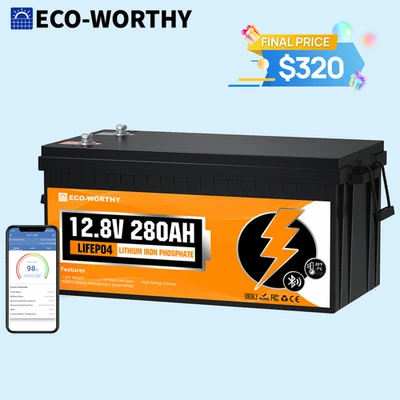 Batería de litio ECO-WORTHY 12V 280Ah 3584Wh Bluetooth LiFePO4 para casa rodante Foto 1 de 4