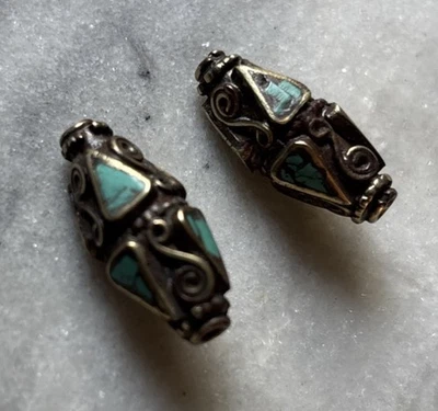 2pcs Tibetan Handmade Turquoise Brass Beads 25x10nm CC230 - Image 1 of 3
