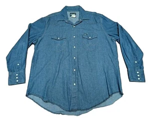 VTG Mens Wrangler Western Shirt Pearl Snap Denim Raw Hem Brushpopper Sz XL 70119 - Picture 1 of 5