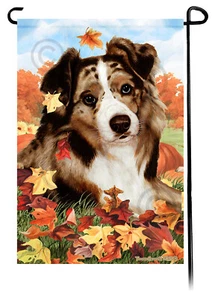 Falling Leaves Garden Flag - Red Merle Australian Shepherd - Picture 1 of 1