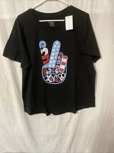 Mighty Fine Clothing Women's 1X Black T-shirt Peace Sign Love Freedom USA New - Picture 1 of 4