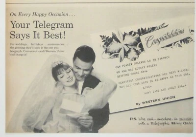 Western Union Vintage Telegrama Boda Felicitaciones Impresión MOD Pareja Moda Foto 1 de 2