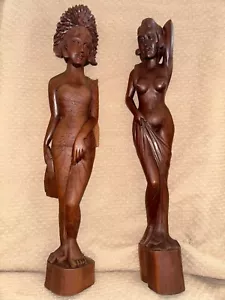Set of 2 Vintage Wooden Hand Carved Bali Women Dancer and Nude Over 24” tall - Picture 1 of 22