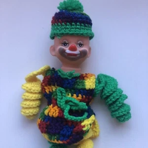 Creepy Crocheted Clown 13” Handmade Doll Plastic Head Green Multicolor Hat - Picture 1 of 5