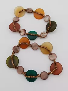 Set Of 2 Bohemian Earth tone & Mother Of Pearl Disc Beaded Bracelets - Picture 1 of 13
