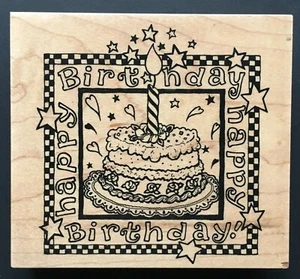 HAPPY BIRTHDAY GREETING STARS HEARTS CHECKERED PSX K-1337 Wood Rubber Stamp - Picture 1 of 4