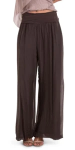 GIGI MODA ASPEN PANTALONI PALAZZO SETA MARRONE CIOCCOLATO ORLO A PALLONCINO FODERA JERSEY O/S - Foto 1 di 2