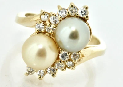 Cream- Grey Cultured Pearl w Diamond Accents Cocktail Ring 14k Yellow Gold Lot 7 - Image 1 of 4