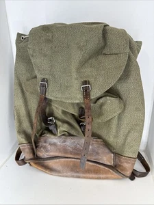 Vtg Swiss Army Backpack Rare Salt Pepper Canvas Leather 40s 50s WW2 Rucksack - Picture 1 of 9