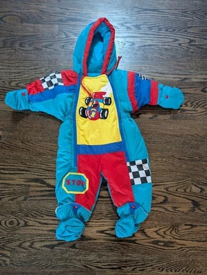 CT CASUAL TIME Vintage Color Block boy Baby Snowsuit 80s 90s Size 12 Mo Race car - Image 1 of 4