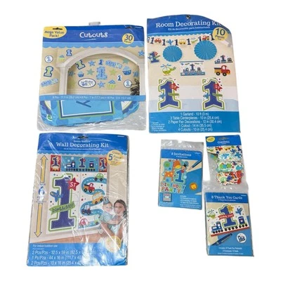 NEW - Cars & Trucks Baby's 1st Birthday Decorations Boys Blue 6 pieces in kit - Image 1 of 4