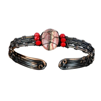 Brazalete brazalete de cobre con cuentas de coral rojo piedra rodocrosita venta día de la hija Foto 1 de 4