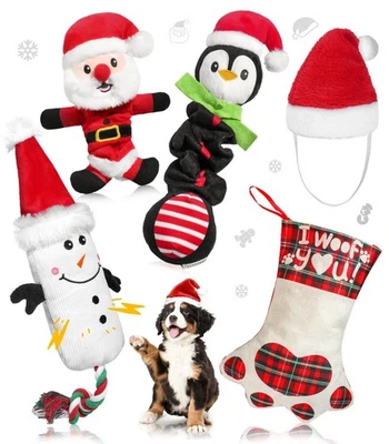 Swooflia 5 件装圣诞狗玩具堆叠填充物 - 猫帽毛绒吱吱作响 D... — 第 1/4 张图片