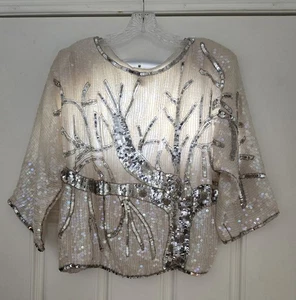 VTG Exclusive by Jainsons International Cream Silver Sequin Silk Top Lined FLAW - Picture 1 of 14