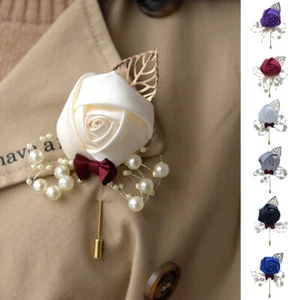Artificial Bridal Groom Bride Boutonniere Rose Flower Corsage Brooch Cloth Decor - Picture 1 of 28