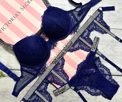 Victoria’s Secret Shine Strap Lace Rhinestone Push-Up Bra Garter Panty Set Ocean - Image 1 of 4
