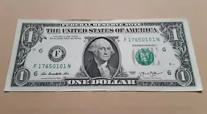 Fancy Serial Number Federal Note January 1st 1765 F17650101N $1 US Dollar Bill - Picture 1 of 5