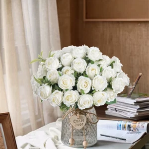 Artificial Silk White Rose Bouquet 10 Heads Wedding Party Home Garden Decor UK - Picture 1 of 18