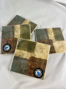 Leaf Collage Coasters Set Of 4 Ceramic Cork Brown Green Beige Panels - Picture 1 of 5