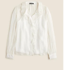 J.Crew Womens $138 Ruffle button-up shirt in crinkle chiffon Ivory Size 10 CF436 - Picture 1 of 6