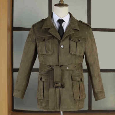 Mens Retro Suede Safari Jacket Multi Pockets Belted Hunting Coat Casual Outwear - Image 1 of 4