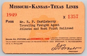 Pass annuale ferroviario vintage Missouri Kansas Texas Lines 1949 n. X 1357 - Foto 1 di 2
