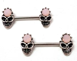 Nipple-PAIR-Skull w/Pink Opalite Stone 14 Gauge 9/16" Steel Barbells - Picture 1 of 4