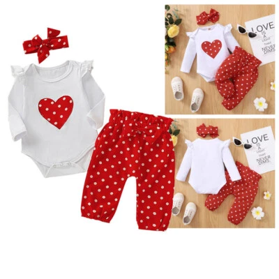 Newborn Baby Girl Infant Polka Dot Romper Top Jumpsuit Pants Headband Outfit Set Foto 1 de 4