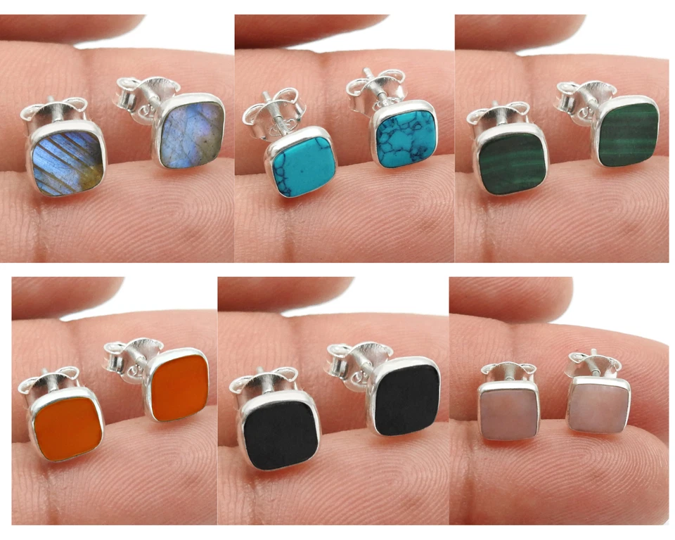 Natural Gemstone Solid 925 Silver Minimalist Stud Earrings Gift For Women Girls - Image 1 of 1