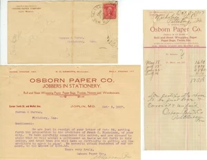 1906-07 Joplin Missouri Osborn Paper Co cover/letterheads - Mon & Ellsworth RPO - Picture 1 of 2