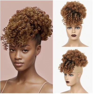 Afro Puff Drawstring Ponytail Bun with Bangs Synthetic Short Kinky Curly Wig - Image 1 of 4