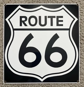 Letrero vintage 1977 Ande Rooney Route 66 Highway Road porcelana acero esmaltado - Imagen 1 de 4