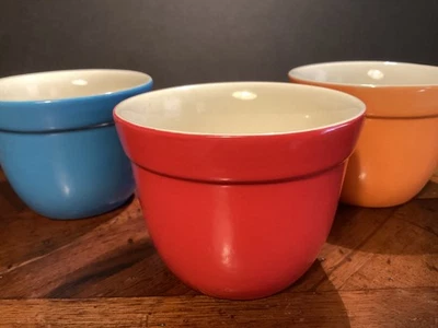 3 Crate & Barrel CUSTARD  CUPS Orange Blue Red Stoneware 2.75”H x 3.75”W - Image 1 of 4