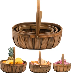 3 Pack Wooden Bread Baskets Handmade Woven Picnic Fruit Vegetable Storage - Picture 1 of 6