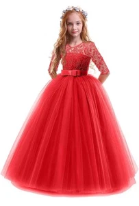 Vestido formal de encaje floral rojo de segunda mano mangas 3/4 hasta el suelo para niñas 11-12 años - Imagen 1 de 5