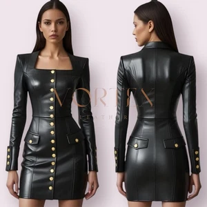 Women's Black Leather Dress Genuine Lambskin Women's Fashion Club Dresses - Picture 1 of 4