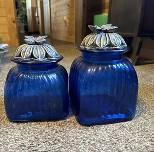 Vintage Blue Glass Kitchen Canister Jar w/ Distressed Butterfly Lid 9”and 8” - Picture 1 of 9
