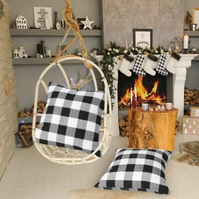 Set of 2 Buffalo Check Plaid Throw Pillow Covers Cushion Case Black and White - Image 1 of 4
