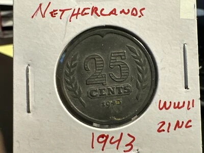 1943 Netherlands 25 Cent Coin Made from Zinc. WW 2 Coinage. - Image 1 of 3