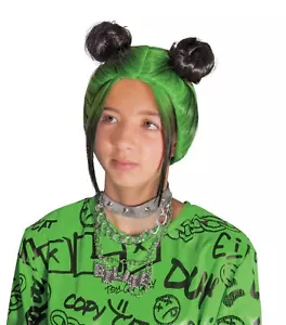 Official Kids Billie Eilish Double Bun Green Wig for Girls Fancy Dress Costume - Picture 1 of 4