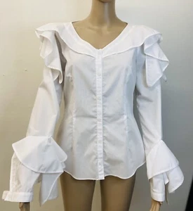 Zac Pozen White Blouse  Cotton With Riffles Size 8 $895 NWT - Picture 1 of 11