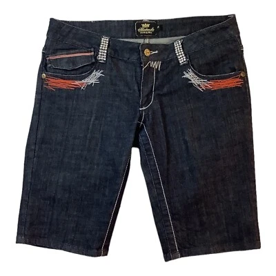 Akademiks Bermuda Denim Jean Shorts Embellished Rhinestones Womens Size 32 - Image 1 of 4