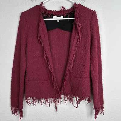 IRO Blazer Womens Size 34 US 2 Burgundy Fringe Open Front Cropped Boucle Career - Image 1 of 4