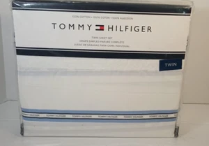 Tommy Hilfiger Twin Sheet Set Blue Stripe Logo 100% Cotton - Picture 1 of 5