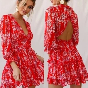 NWT Selfie Womens XL Floral Tiered Open Back Ruffle Chiffon Dress Flowy Summer - Picture 1 of 20