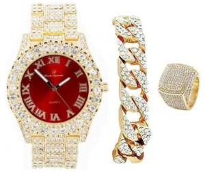 Mens Big Rocks Bezel - Dial with Roman Numerals Watch w/Cuban Bracelet & Ring - Picture 1 of 105