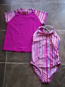 Girl's Escargot Purple Short Sleeve Rashie Rash Vest Shirt Top & Swimsuit Sz 10 - Picture 1 of 1
